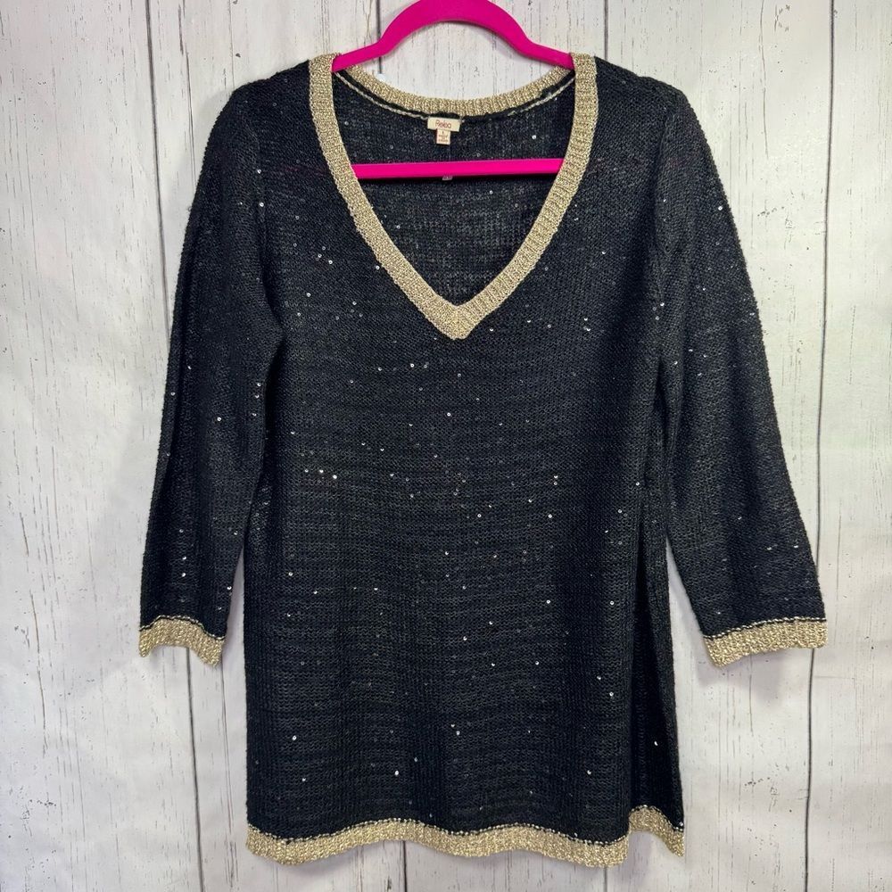 Reba Black Sequin Knit Tunic Sweater Metallic Gold Trim L Glam Disco Partywear